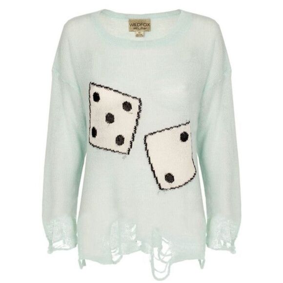 Wildfox White Label mint dice graphic lightweight shredded hem sweater. Small. - Picture 2 of 10